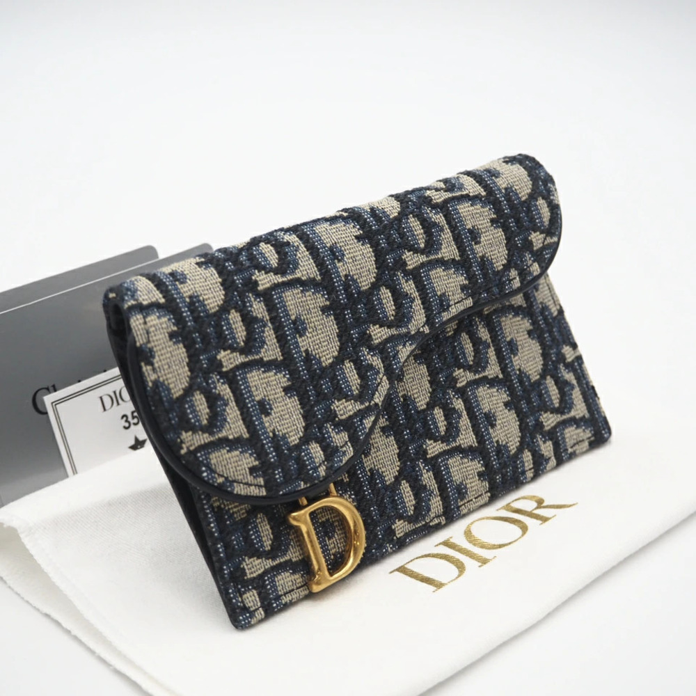 Christian Dior Oblique Jacquard Saddle Cosmos Zip Card Holder Navy Blue Beige